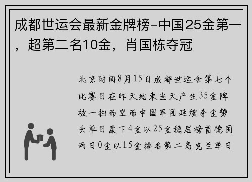 成都世运会最新金牌榜-中国25金第一，超第二名10金，肖国栋夺冠